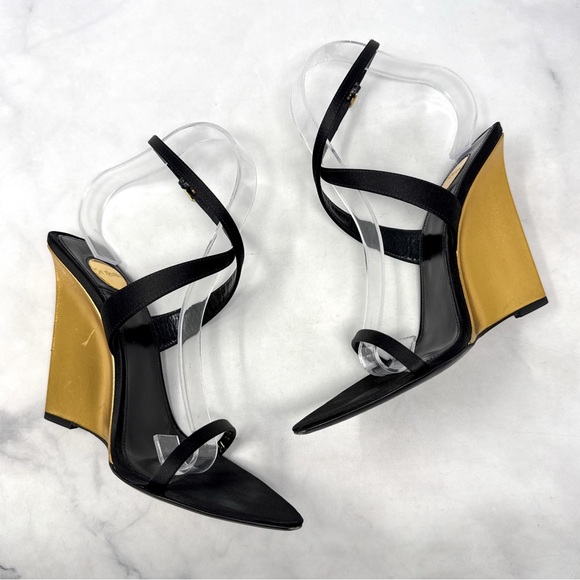 Saint Laurent Salome 110 Silk Satin Metallic Leather Wedge Sandal Heels Black - Picture 7 of 16